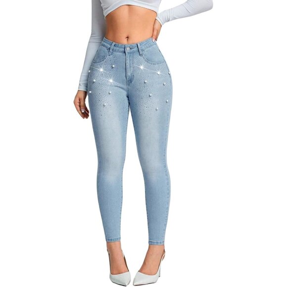 Women's Rhinestone Low Rise Skinny Jeans Stretch Denim Ankle Pants - Picture 2 of 6